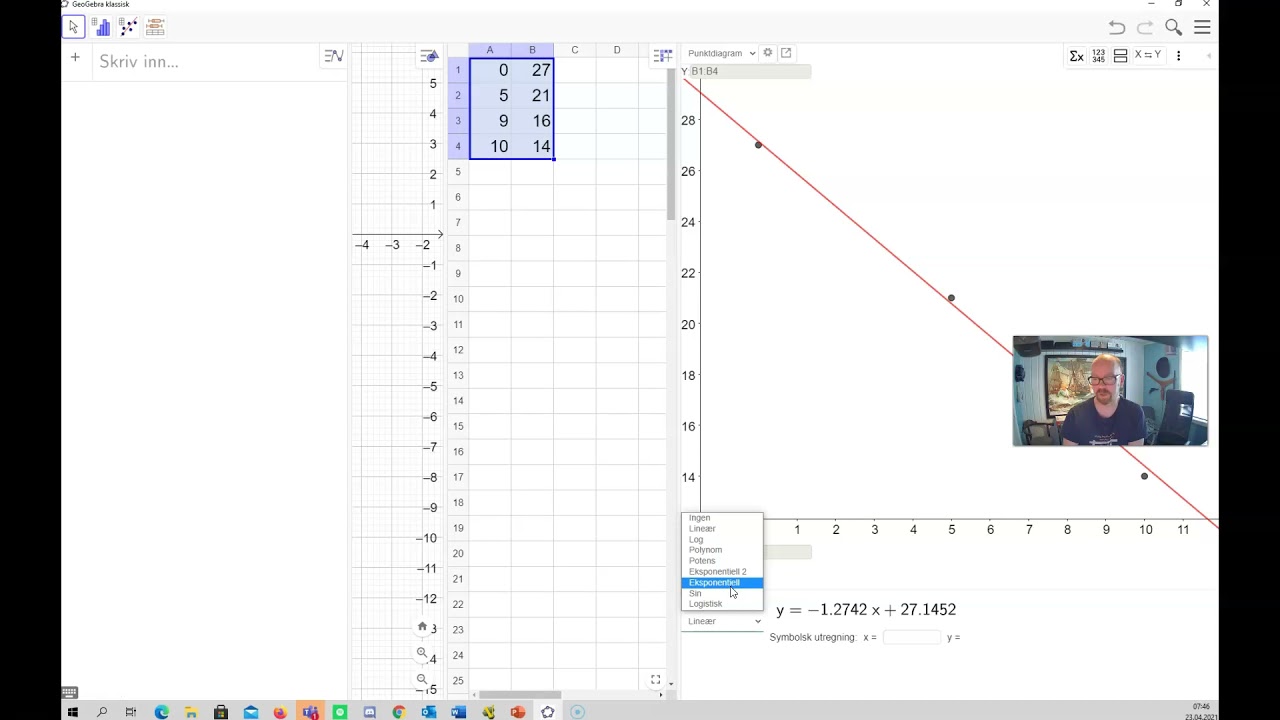 Modeller i 2P - leksjon 1 - regresjon i GeoGebra