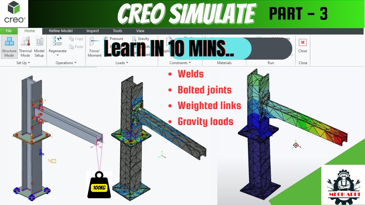 CREO Simulate - Static Structural - Welds, Bolted joints, Springs (Part 3)