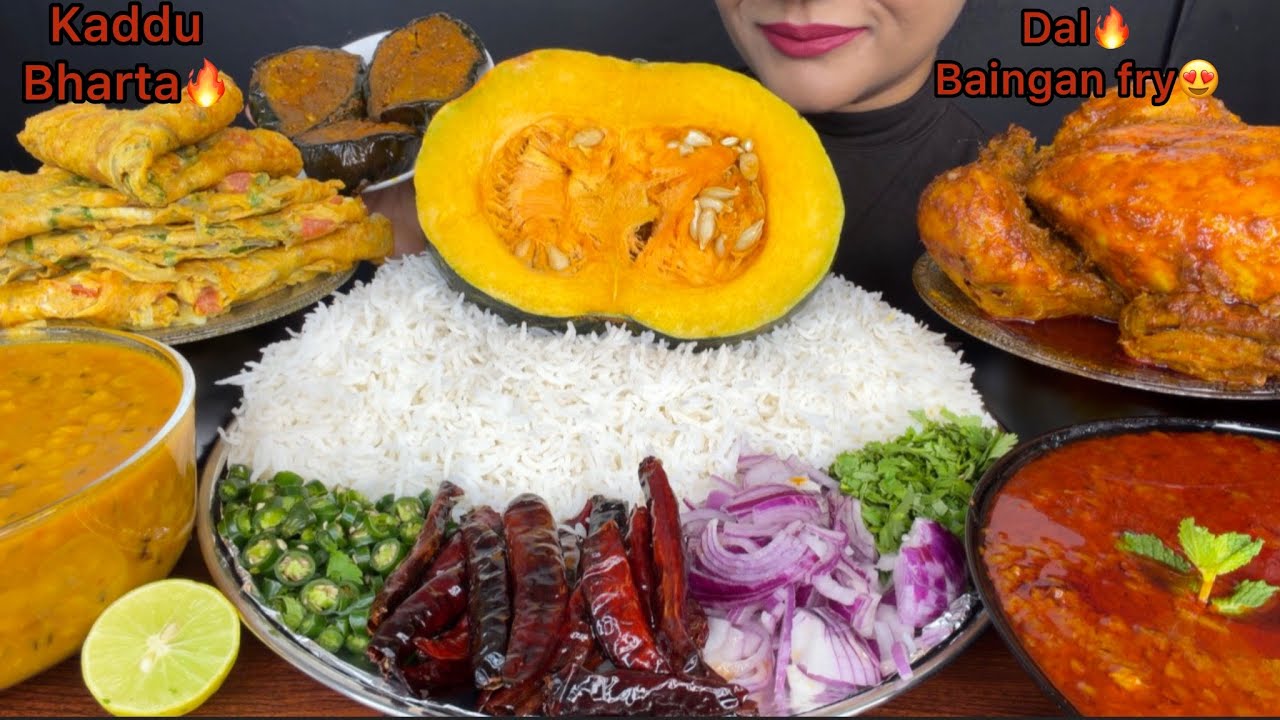 ASMR EATING KADDU BHARTHA,DAL,WHOLE CHICKEN CURRY,OMLETTE MUKBANG ASMR