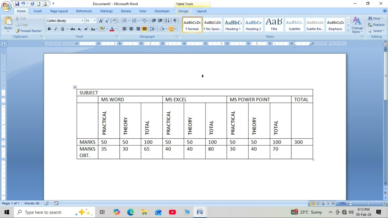 Ms word Table Create