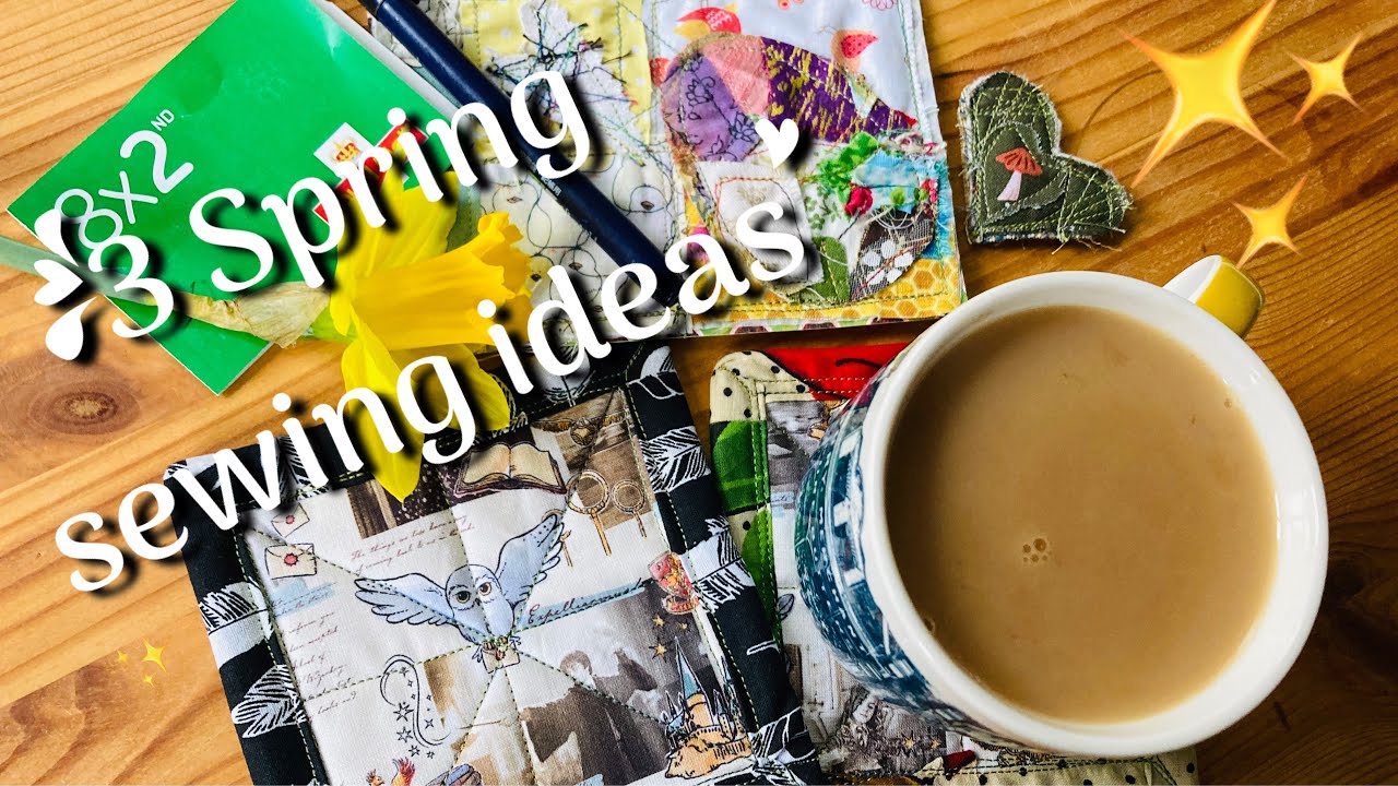 Sewing Spring 🌼 ideas quilted postcard mug rug & brooch