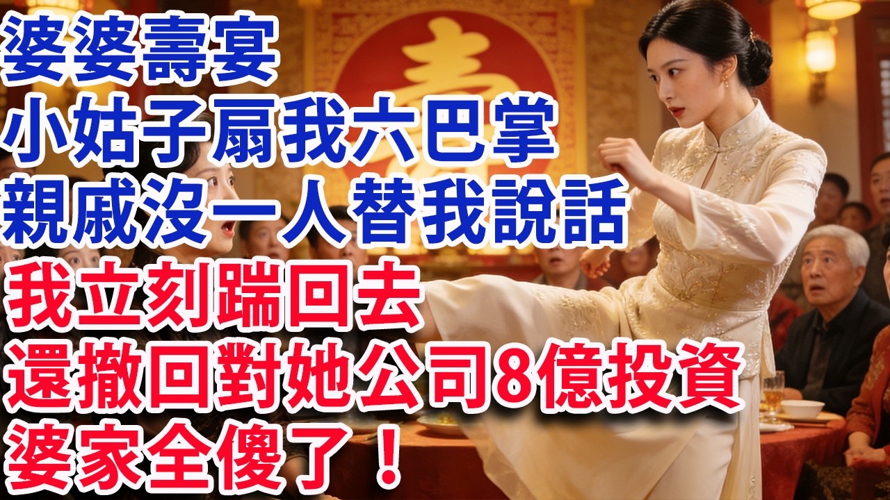 【满分爽文】婆婆壽宴 小姑子當眾扇我六巴掌  全場親戚沒有一個人替我說話 我立刻踹回去 還撤回對她公司8億投資 婆家全傻了！#婆媳 #家庭 #情感故事 #晚年生活 #為人處世 #生活經驗 #情感