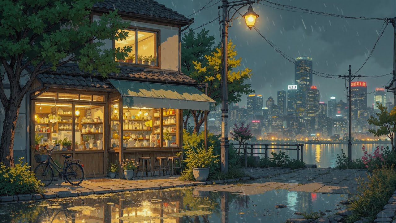 Quiet Japanese Riverside Café at Night 🌙 Gentle Rain & City Glow | Chill Lofi Vibes
