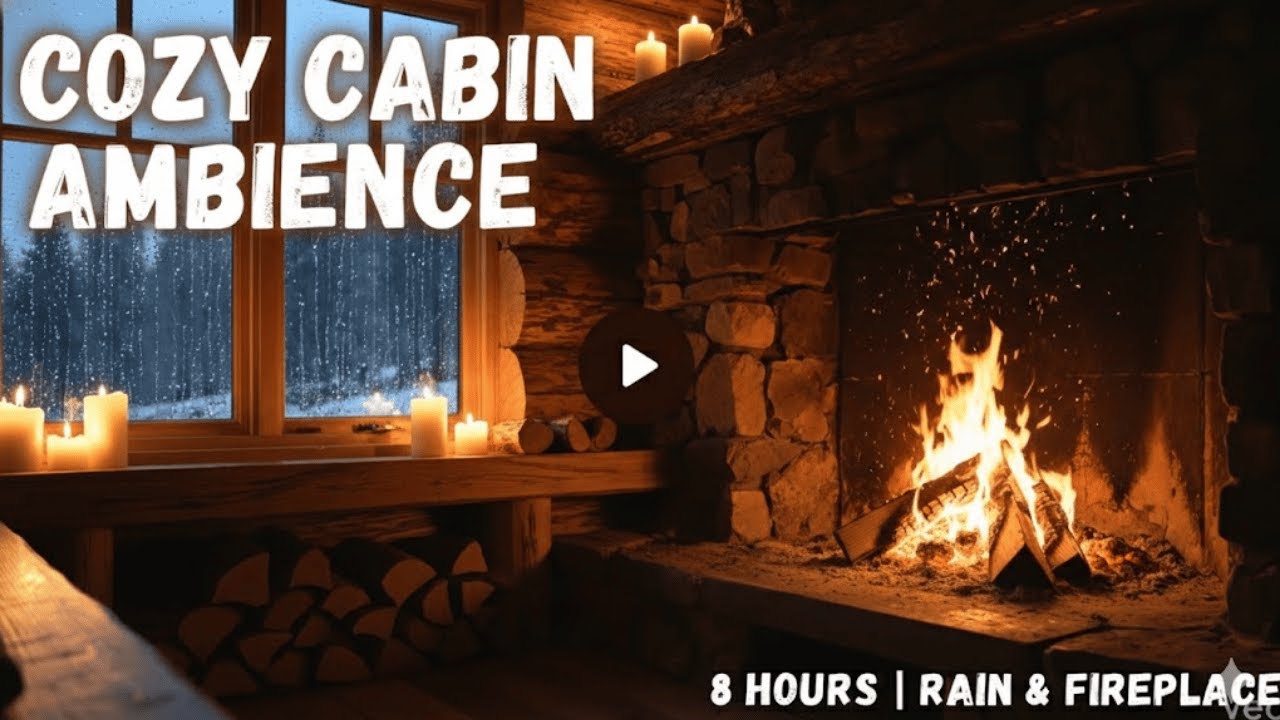 Warm Fireplace Ambience in a Snowy Forest | Cabin Rain Sounds for Sleeping & Study