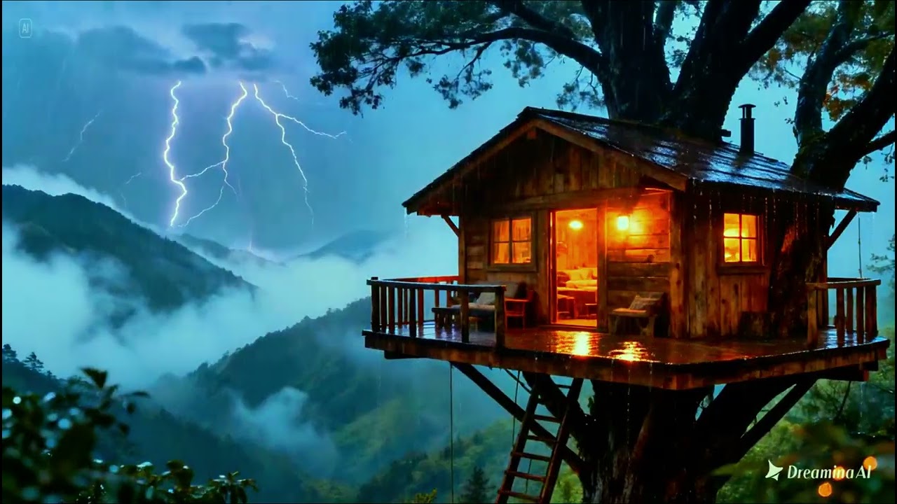 Treehouse in the Storm 🌲⚡ Heavy Rain & Distant Thunder for Sleep (1.5 Hours)