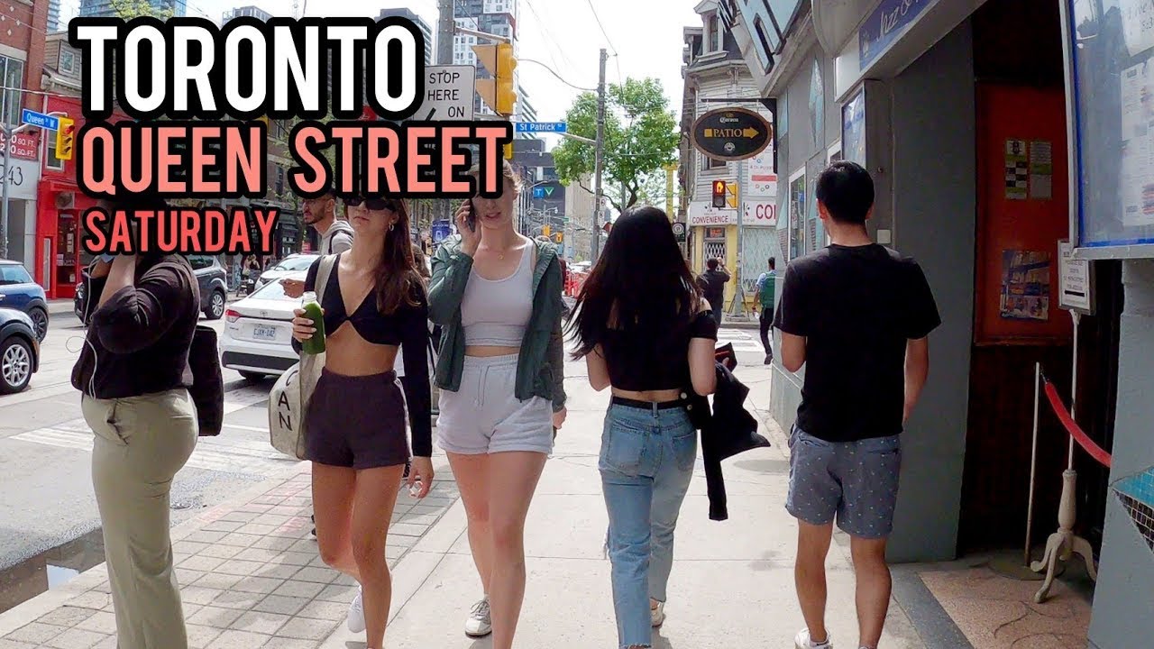 Toronto Saturday Queen Street Downtown walking Tour Canada 4K
