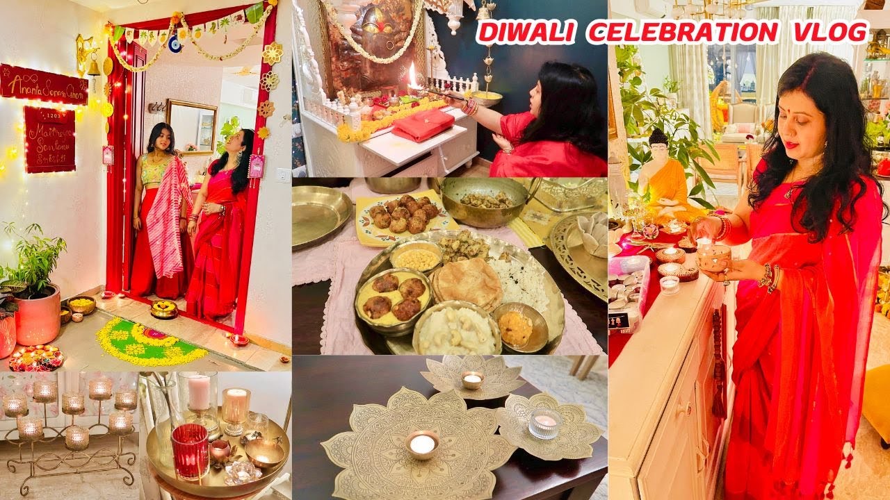 1st DIWALI CELEBRATION with DEVI || Puja, Decoration, Rangoli, Flowers, Diya, Diwali Dinner Menu