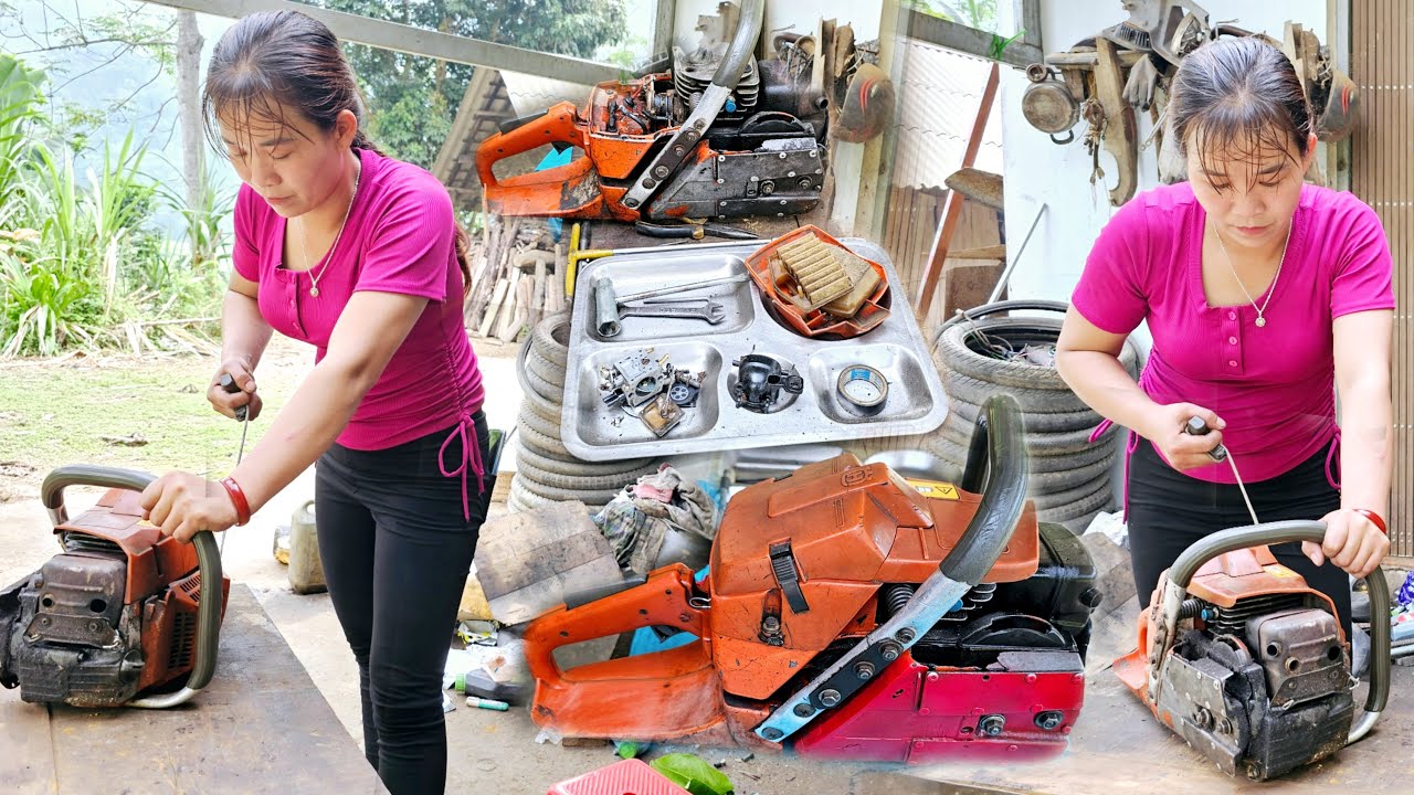 Genius girl Repairs wood cutting machine, Turn old into new - repair girl