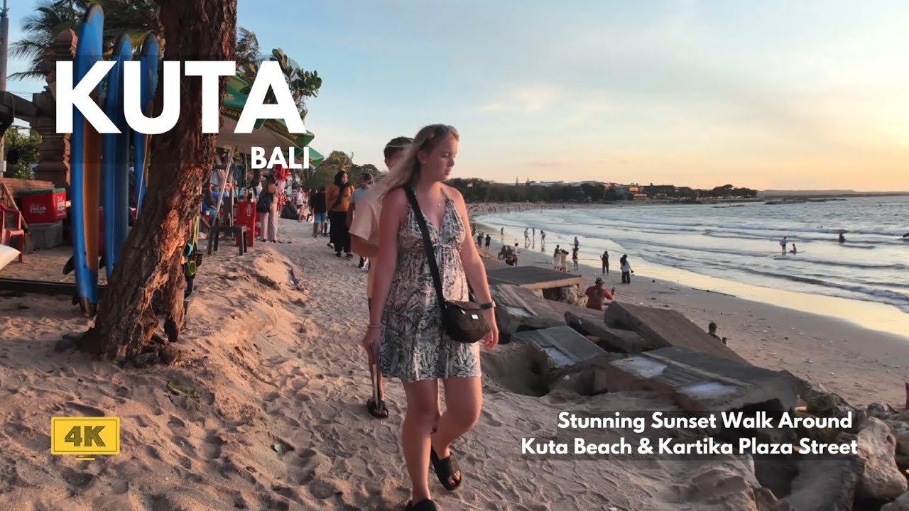KUTA, Bali Sunset Walk Around Kuta Beach & Kartika Plaza During Golden Hour | Bali Walking Tour 4K