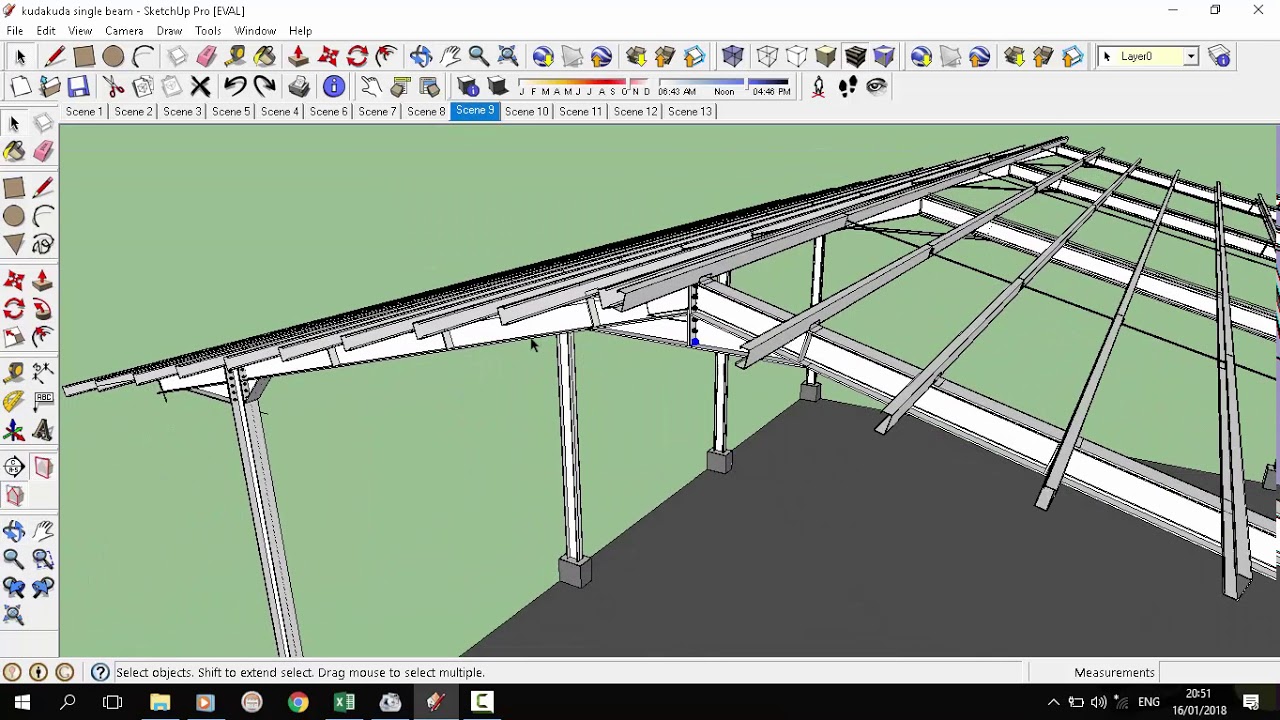 Komponen Struktur Atap baja, kuda kuda baja single Beam, 3d sketchup Media Pembelajaran Atap,