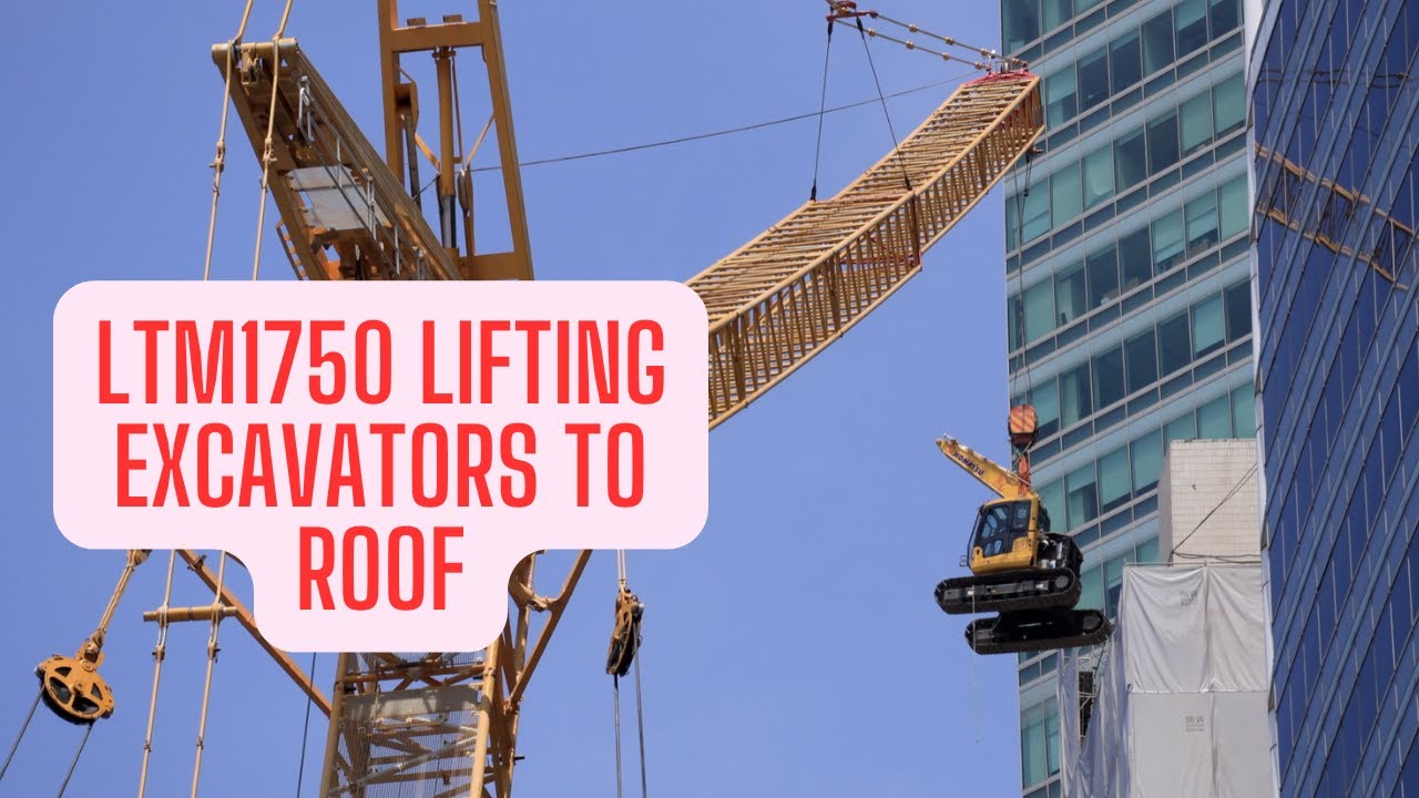 RARE SIGHT! LIEBHERR LTM1750-9.1 Lifting Excavators to Roof with Luffing!