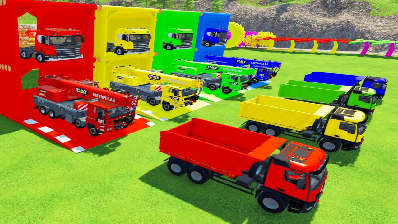TRANSPORTING ALL COLORFUL MERCEDES AROCS TIPPER TRUCK, MAN CRANE TRUCK TO GARAGE WITH FLATBED TRUCK