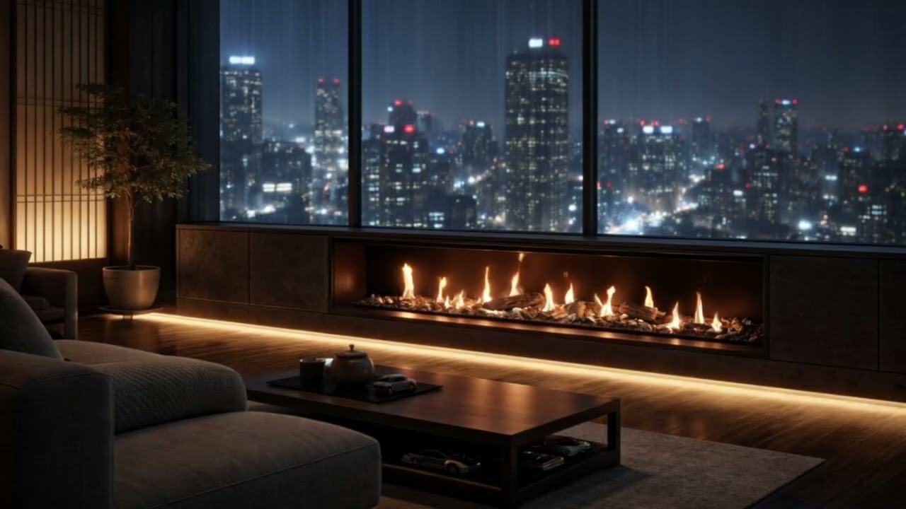 Japanese Penthouse with Luxury Fireplace -  3 Hours Above the City at Night while Raining