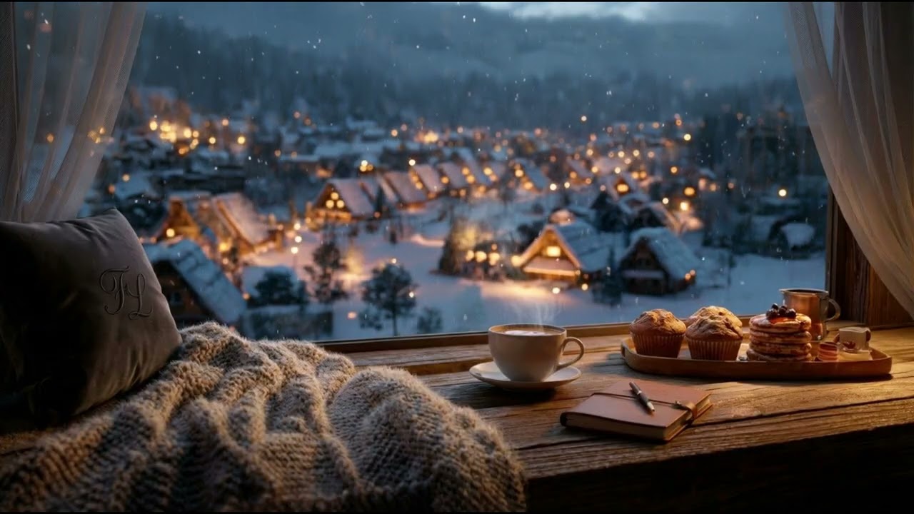 Winter Alpine Evening | Mountain Village Snowfall & Cozy Tea Moment - 1hr