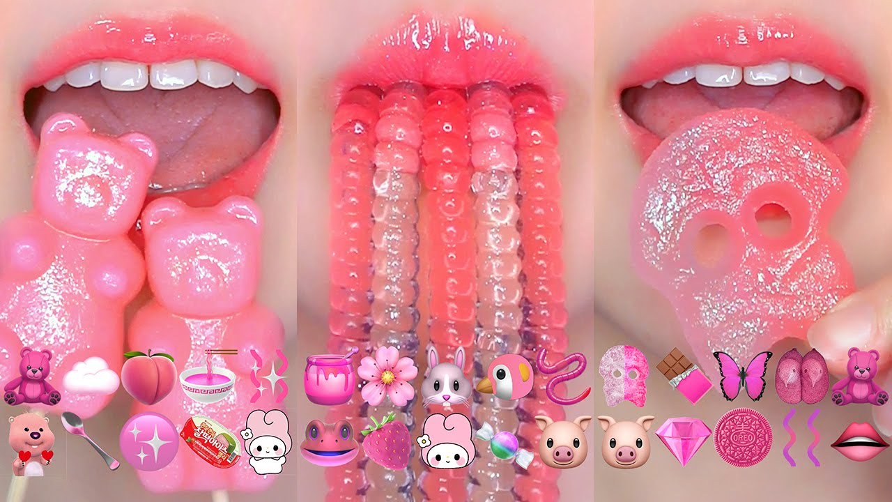 ASMR PINK EMOJI FOOD CHALLENGE 💗 분홍색 이모지 먹방 모음집 TANGHULU, KOHAKUTO, JELLY EATING SOUNDS MUKBANG