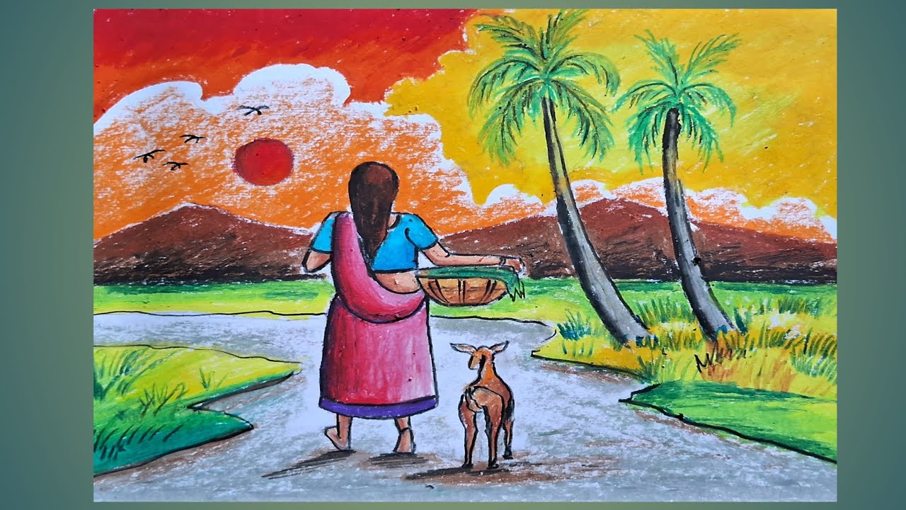 Beautiful Village Sunset scenery||#oilpastel#sunsetscenery||