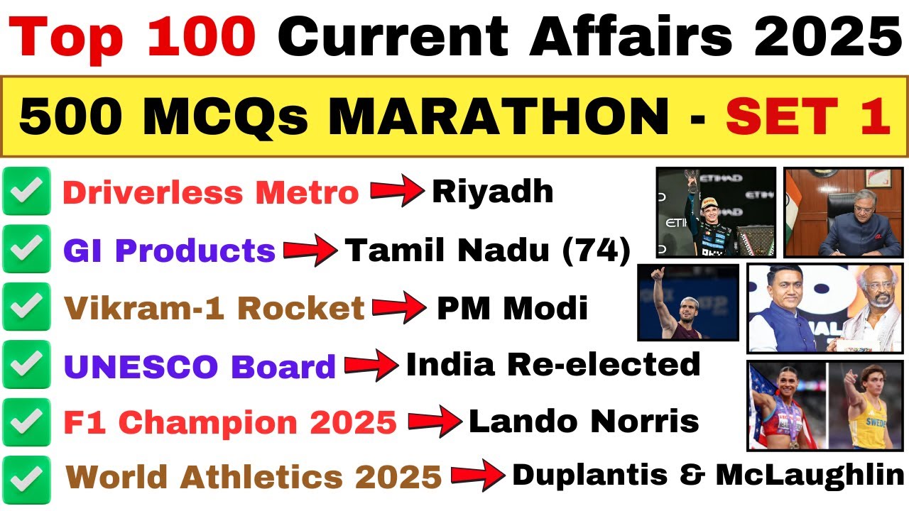 Top 100 Current Affairs 2025 | 500 MCQs Mega Marathon &ndash; Set 1