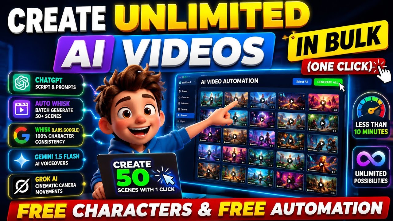 Create Unlimited AI Videos in Bulk (One Click) | Characters & FREE Automation (2026)