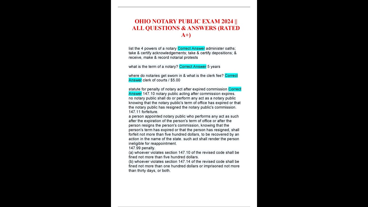 OHIO NOTARY PUBLIC EXAM 2024  ALL QUESTIONS & ANSWERS RATED A+
