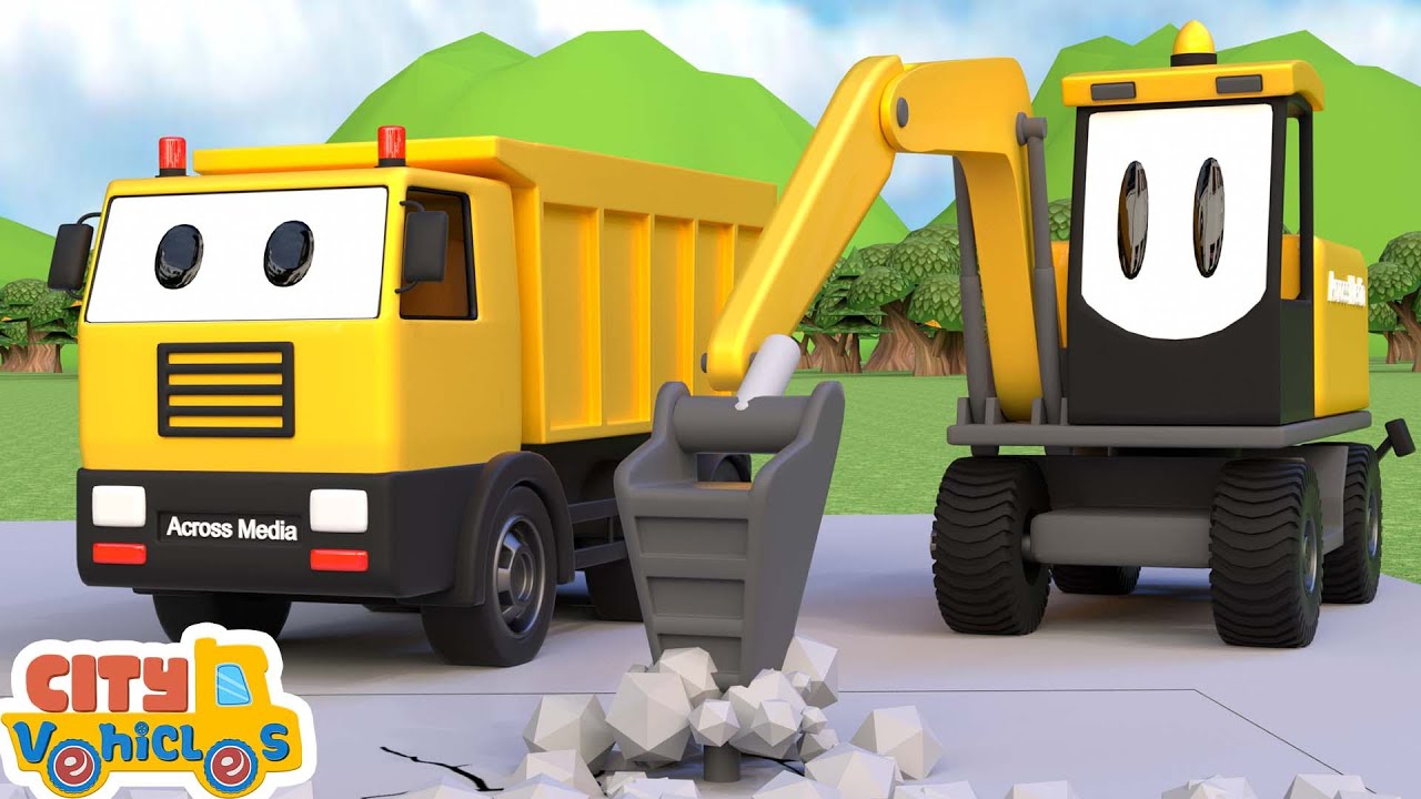 Construction vehicles build Swimming Pool-Excavator dump truck and Water Tank Truck for Kids.