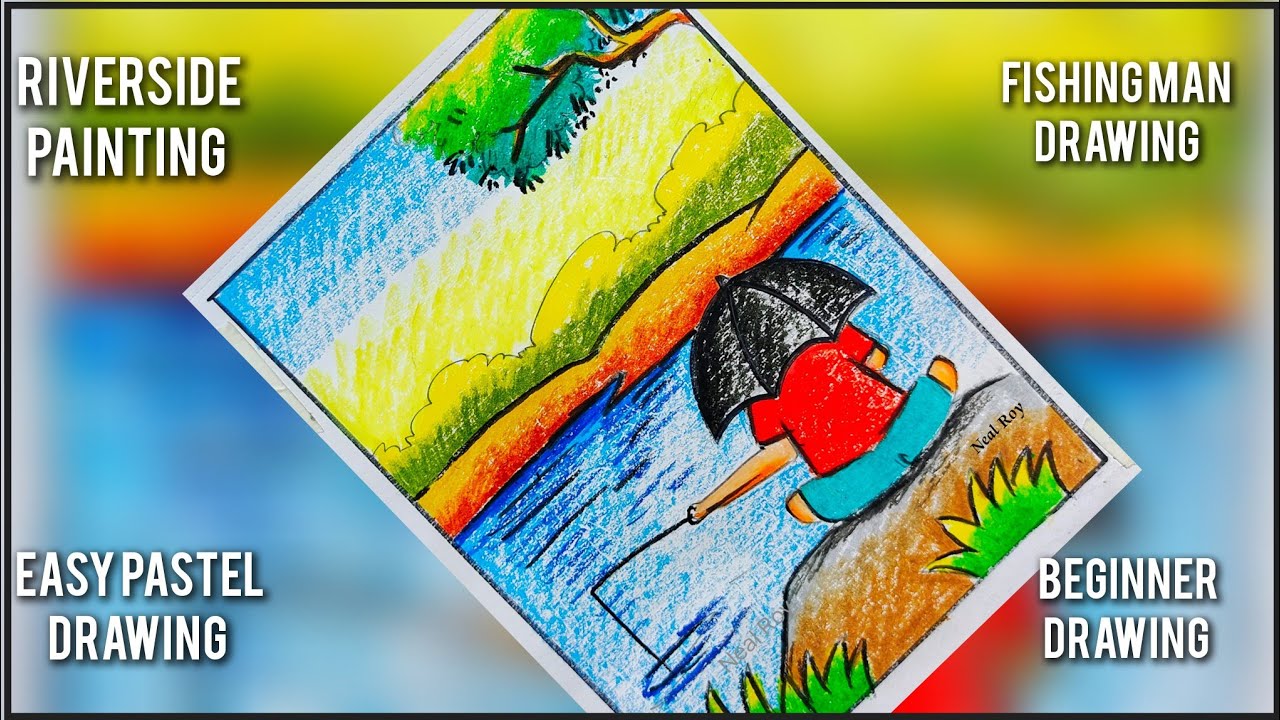10 minutes of scenery Drawing/How to draw scenery of fishing man/easy kids riverside fishing drawing
