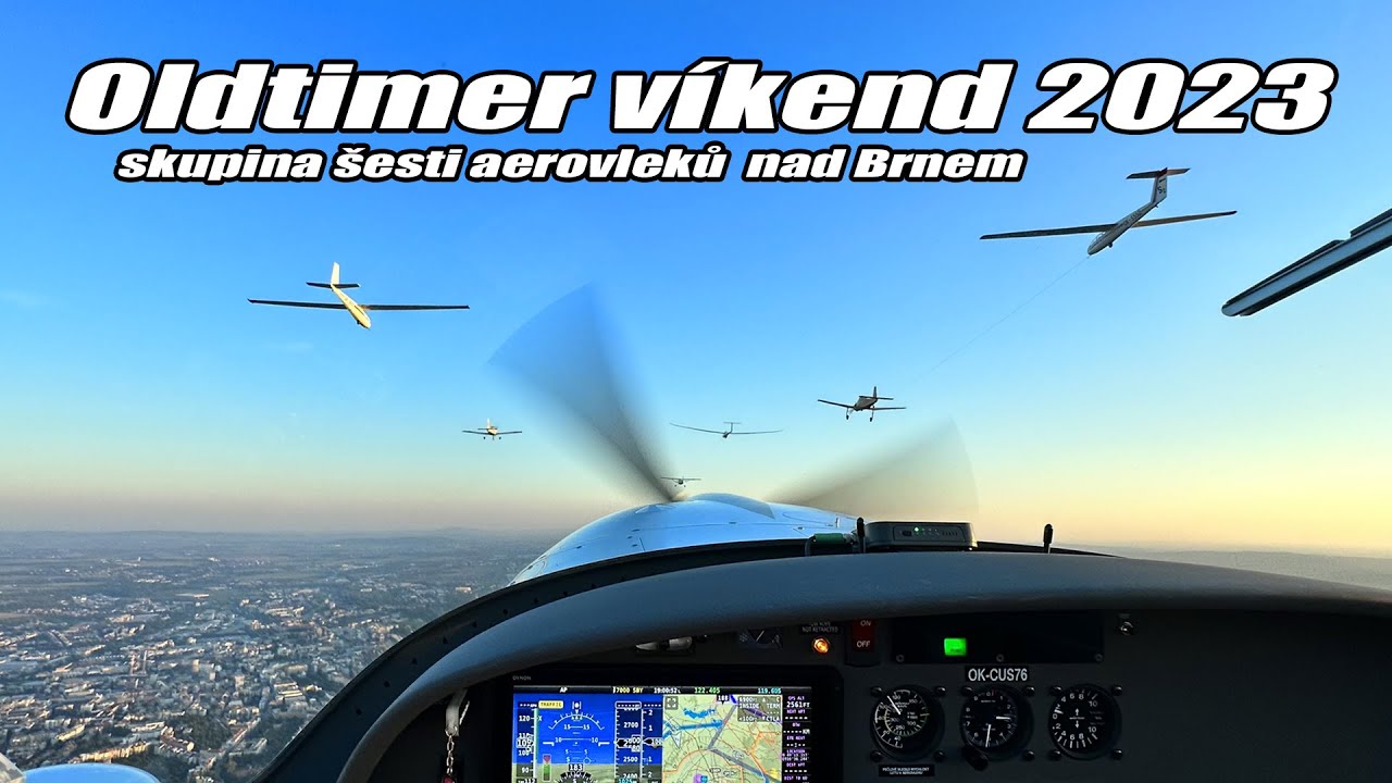 Oldtimer víkend 2023 - skupina šesti aerovleků nad Brnem