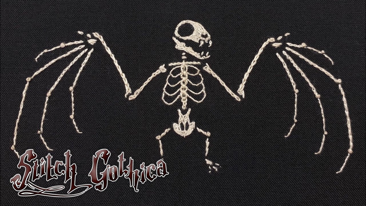 Skeleton Bat Embroidery Pattern Stitch Along Embroidery Tutorial whipped stitch step-by-step SAL DMC