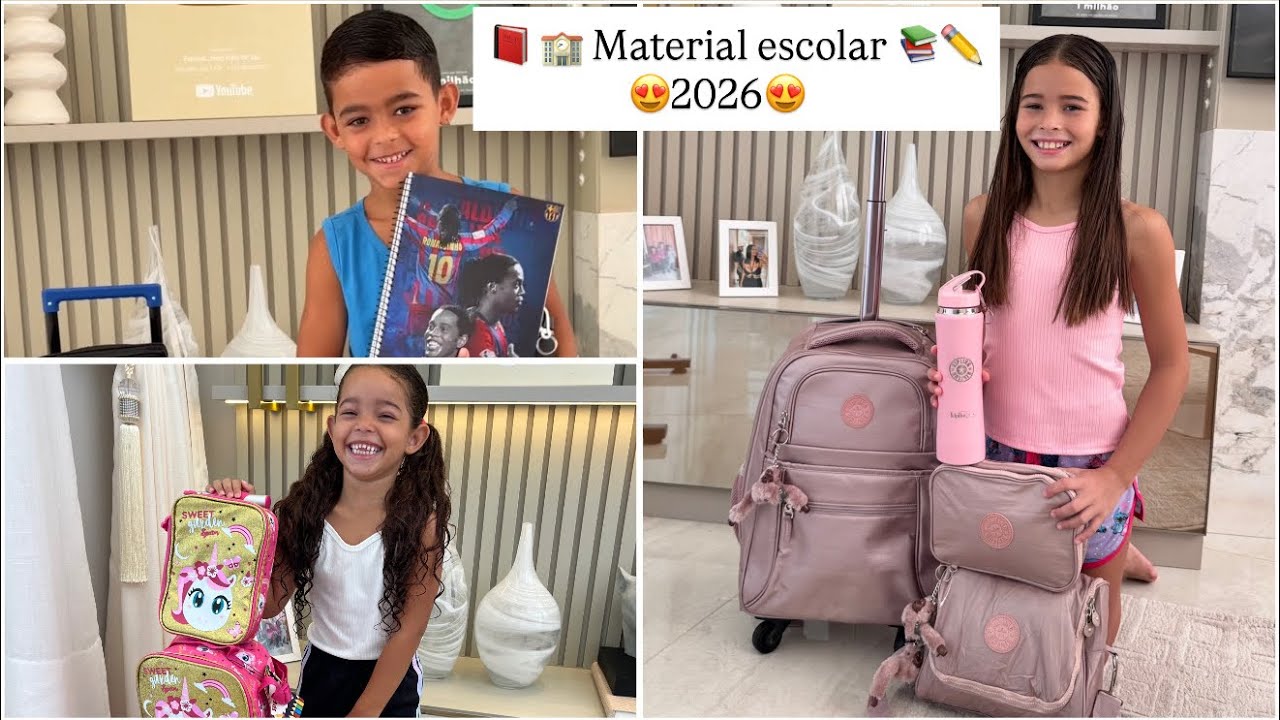 MATERIAL ESCOLAR DE 3 CRIANÇAS 2026 muita coisa linda esse ano 😍🥰