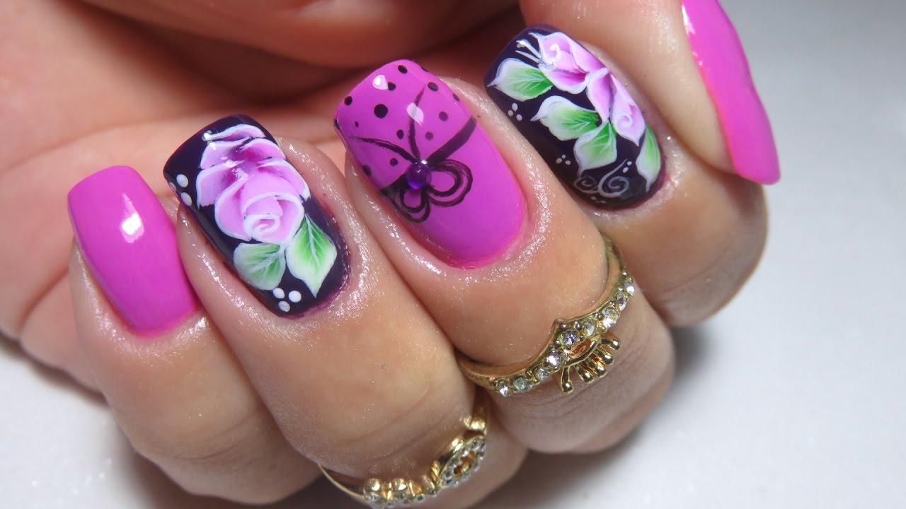 Unhas decoradas flor em one stroke