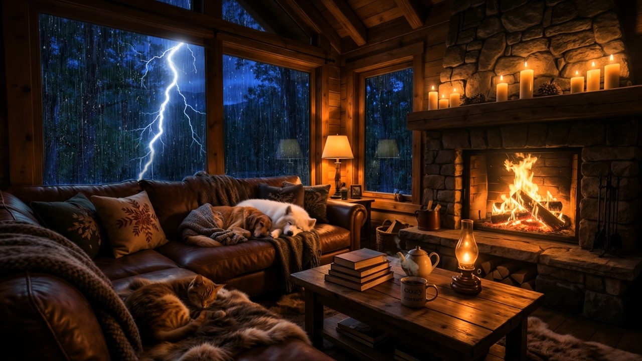 10 ЧАСОВ Сильная гроза и дождь ⛈️ Уютный камин в домике со спящими собаками и кошкой 🐕🐈
