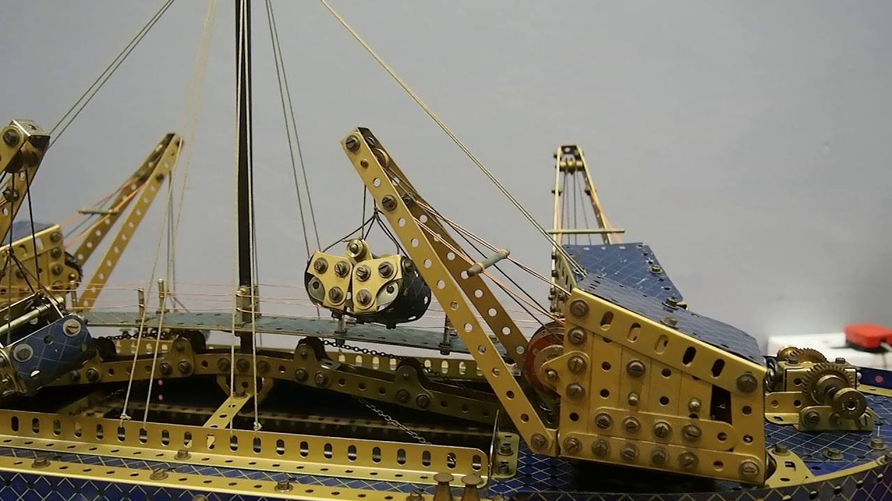 Meccano model of ship and onboard cranes