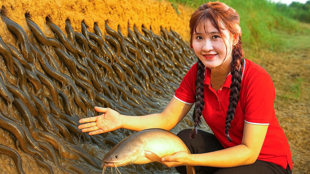 TIMELAPSE - Single Girl Catching Catfish,Wild Fish in The Stream,Grilled Catfish.. Go to Market Sell