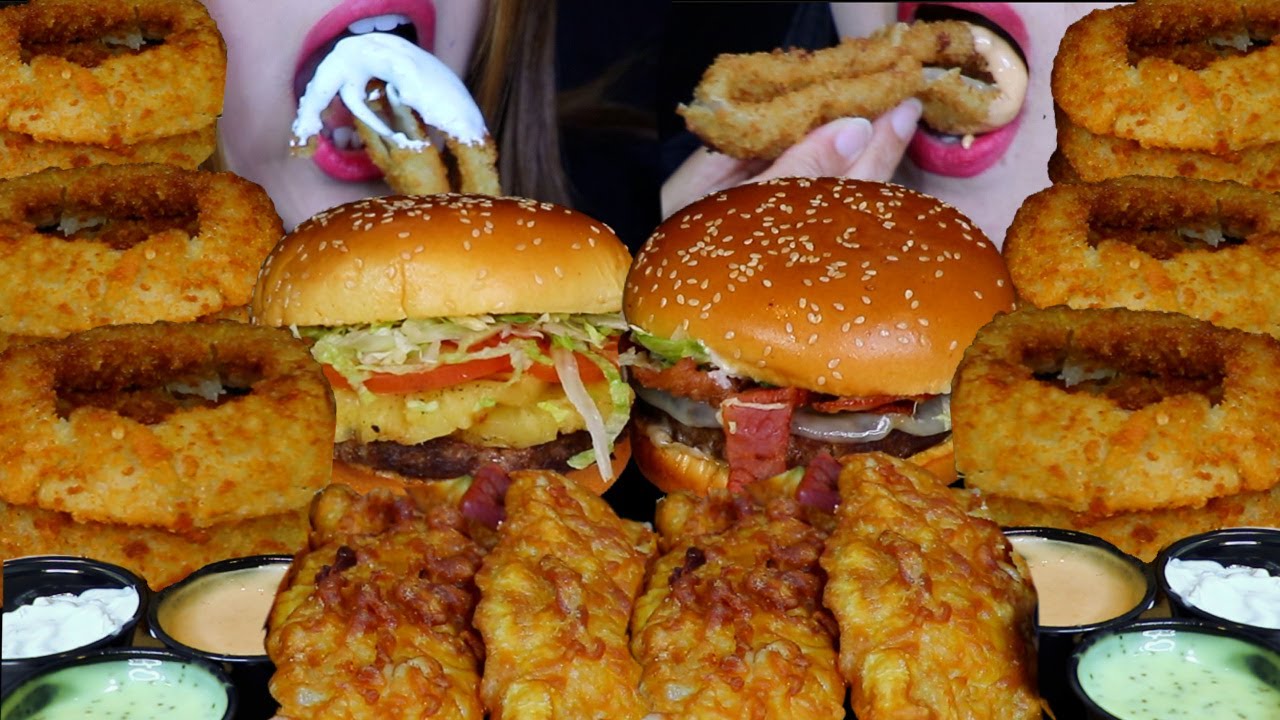 ASMR GIANT CRUNCHY ONION RINGS & RANCH, BACON CHEESEBURGERS, FRIED FISH *FRIED FOOD FEAST* 먹방