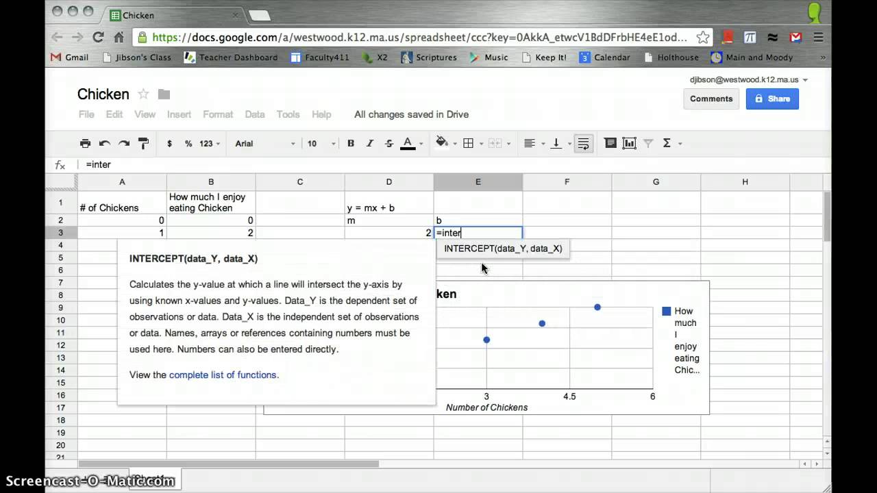 Finding Slope and Intercept in Google Spreadsheet