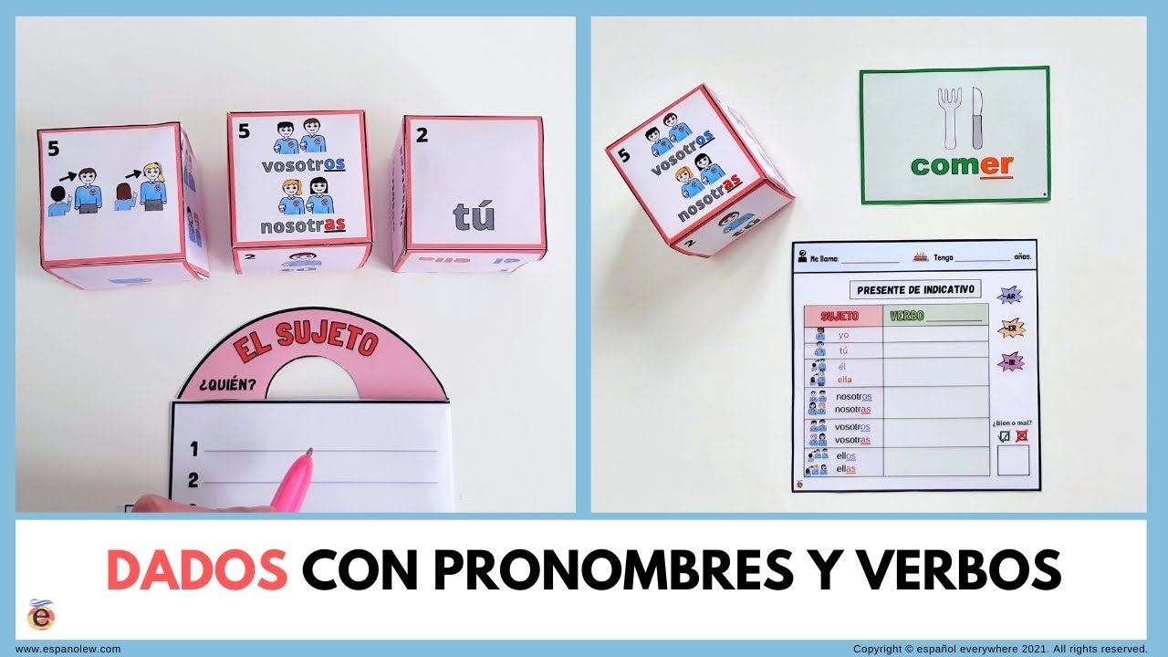 ✂💻JUEGO DE DADOS CON PRONOMBRES, VERBOS Y CONJUGACIÓN.