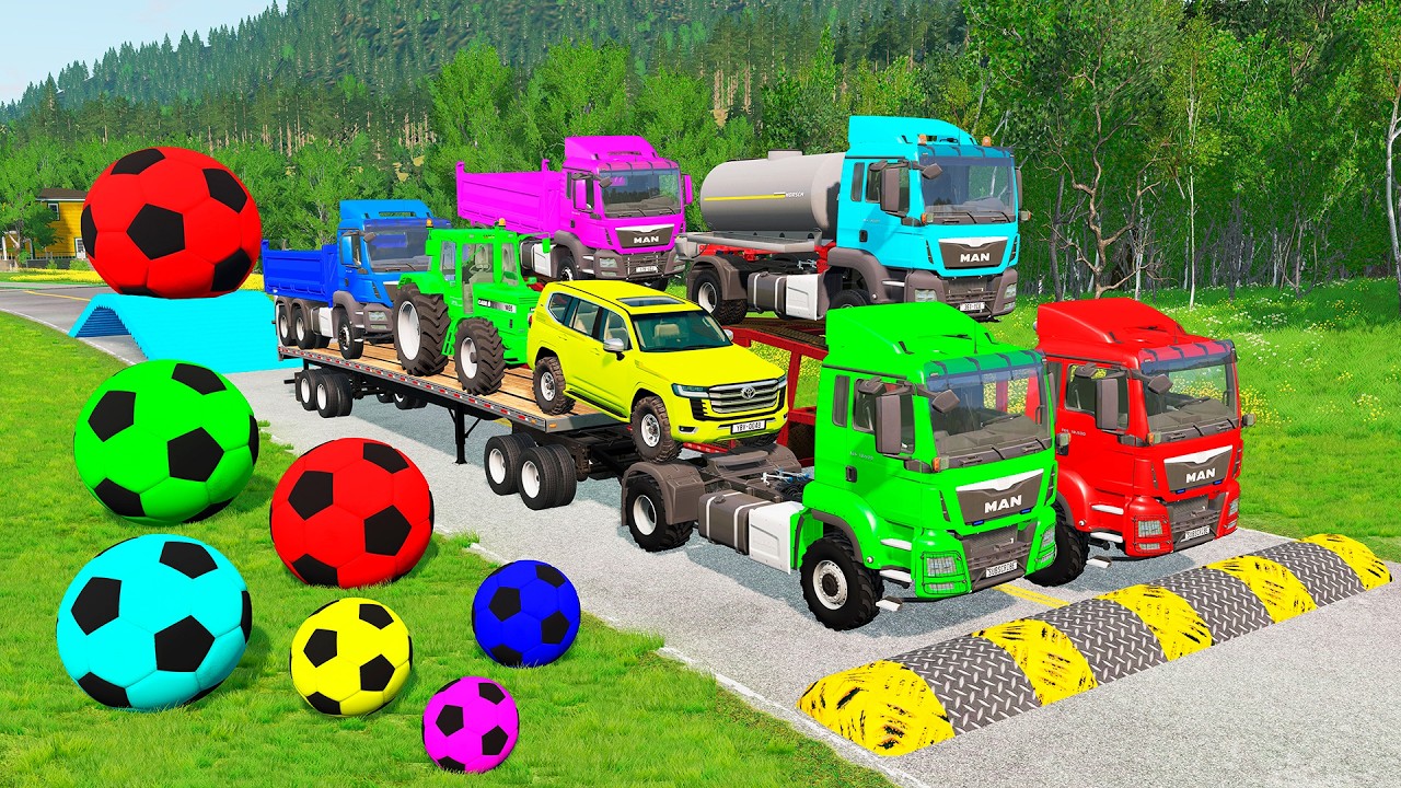 Flatbed Trailer McQueen Transportation with Truck - Speedbumps vs Cars vs Train - BeamNG.Drive #32