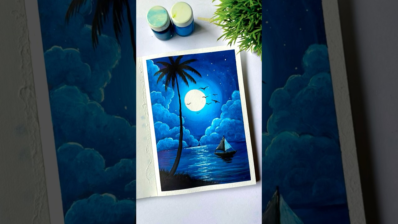 🌙 Easy Moonlight Scenery Painting with Poster Colours | Relaxing Art #shorts #painting #art