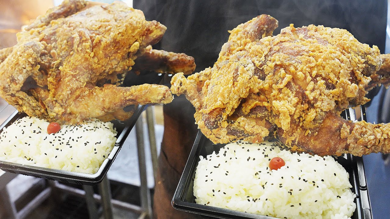 Гигантский жареный цыпленок - Большой мясной ланч - Японская уличная еда