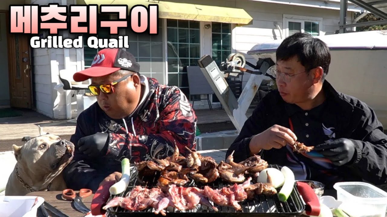 특별게스트 🐶댕댕이와 숯불에 구워먹는[메추리구이] 뼈까지 남김없이...(먹방)숯불.애완견..포장마차.추억..소금구이[Grilled quail mukbang]MUKBANG 