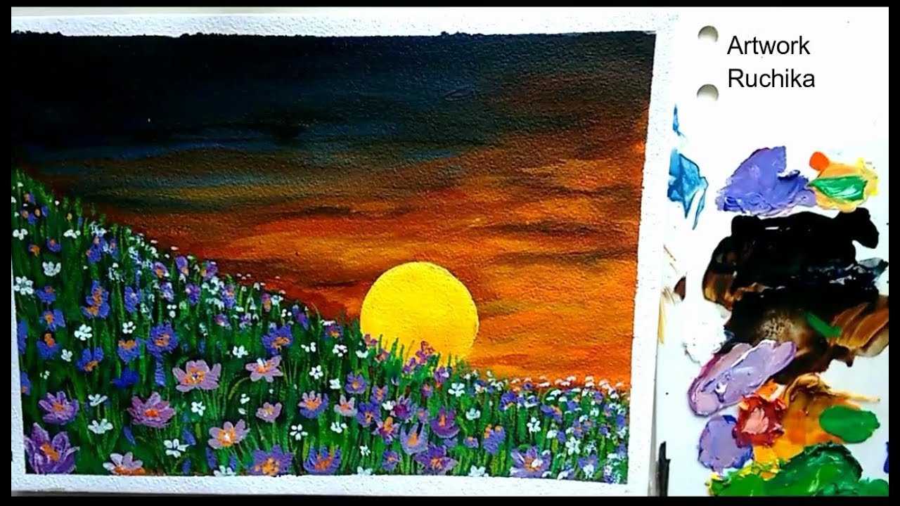 Beginners Landscape Painting | Sunset in Valley of Flowers | Acrylic Painting