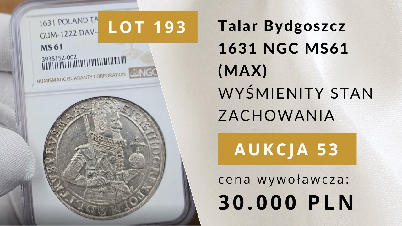 WYŚMIENITY talar polski z 1631 roku. Mennica Bydgoszcz &ndash; Zygmunt III Waza NGC MS61 | Aukcja Niemczyk