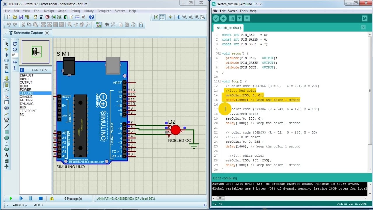 11. LED RGB (Red Green Blue) Arduino Uno Proteus Simulation with Code in Description
