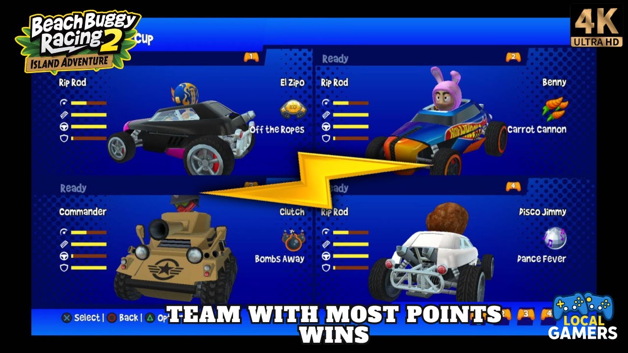 4 Players Split Screen (2v2) El Zipo & Benny v Clutch & Disco Jimmy | Beach Buggy Racing 2