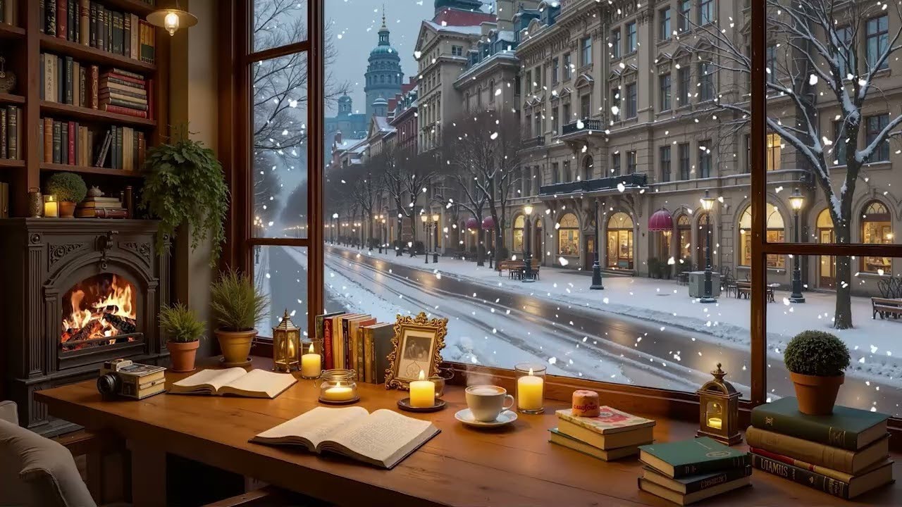 Cozy Winter Coffee Shop ⛄ Soothing Jazz Music & Warm Fireplace Sounds