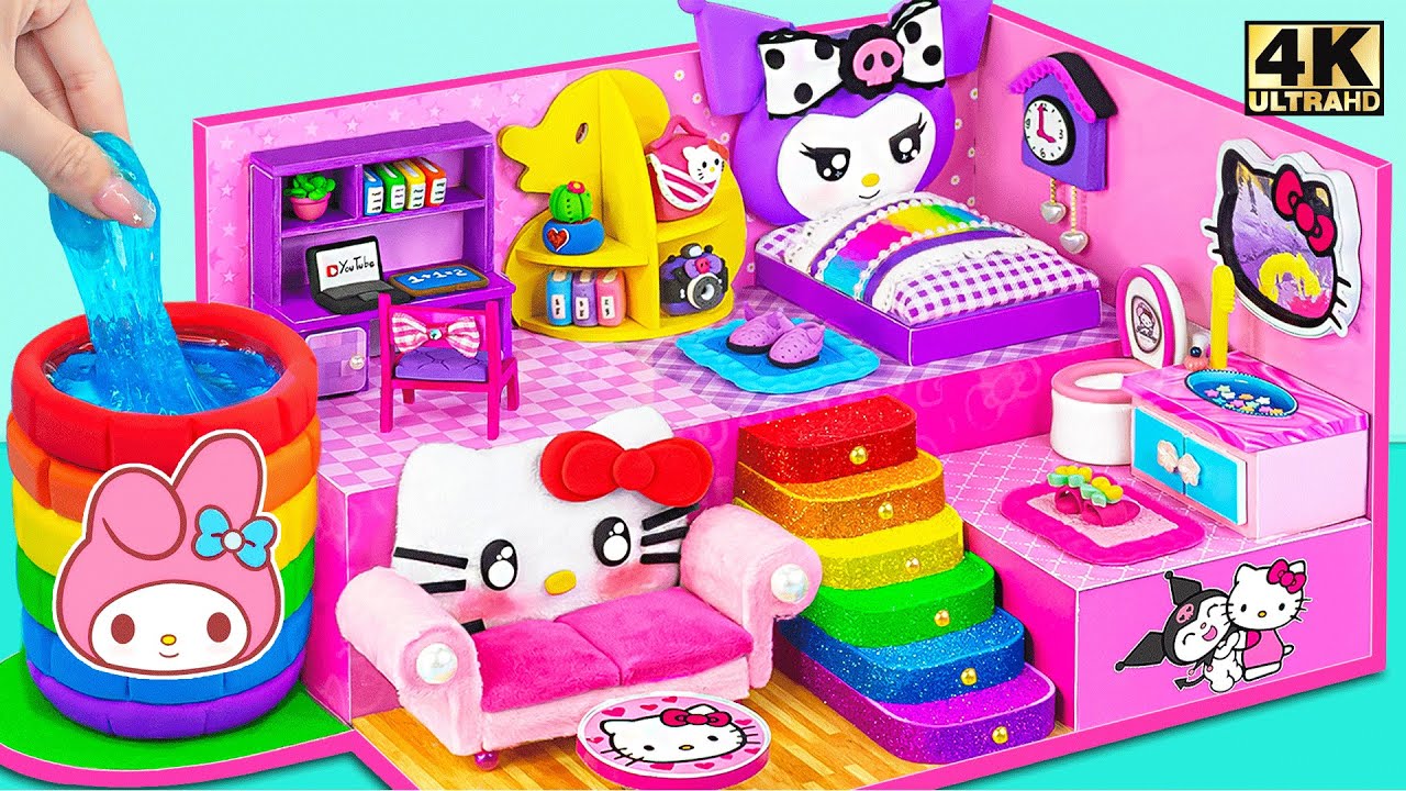 Make Pink Hello Kitty House with Kuromi Bedroom and Cute My Melody Pool Slime ❤️ DIY Miniature House