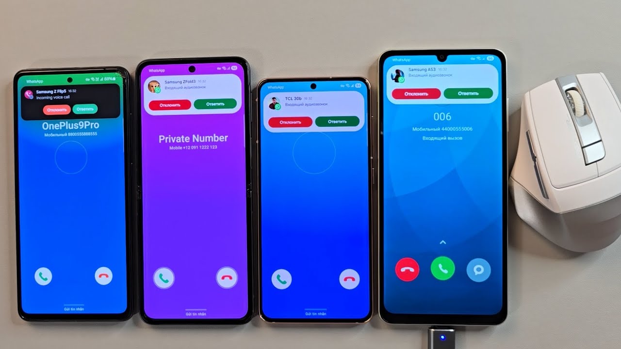 Incoming call Samsung A52 Samsung Flip3 Samsung S21 Samsung A06 with mouse control
