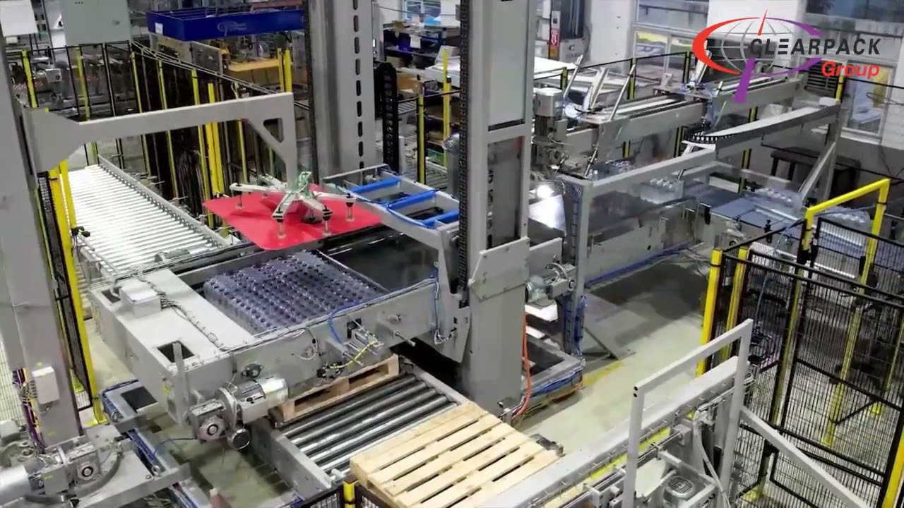 High Speed Sweep Type Palletizer & Shrink Wrapped PET Bundled Bottles | Clearpack Group