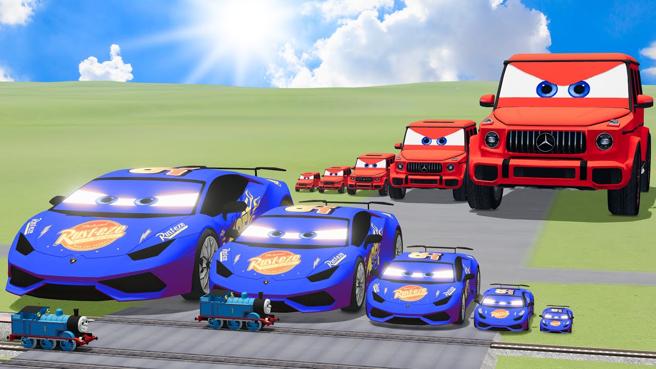 Big & Small Blue Lamborghini McQueen vs Red Vizor VS Train Thomas | BeamNG.drive