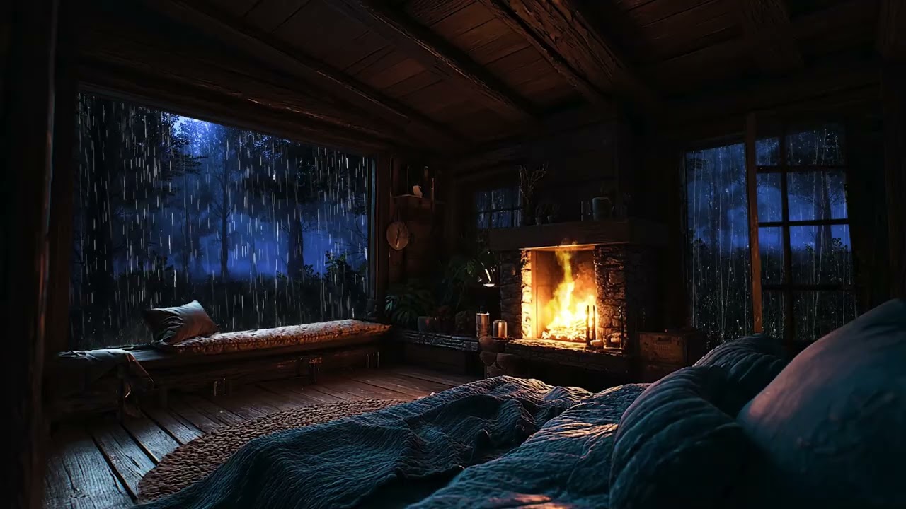 Quiet Cabin Rain at Night 🌧️ Dark Bedroom Ambience for Calm Sleep