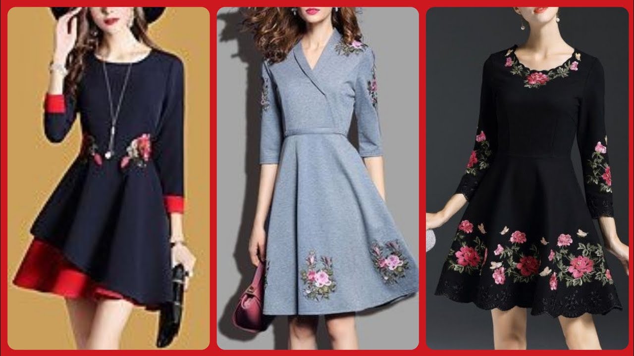 beautiful fit and flare women's party dress with floral embroidery
